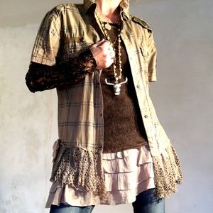 1ofAkind Grunge Gypsy country Altered Plaid Top Crochet crafted by vintage316